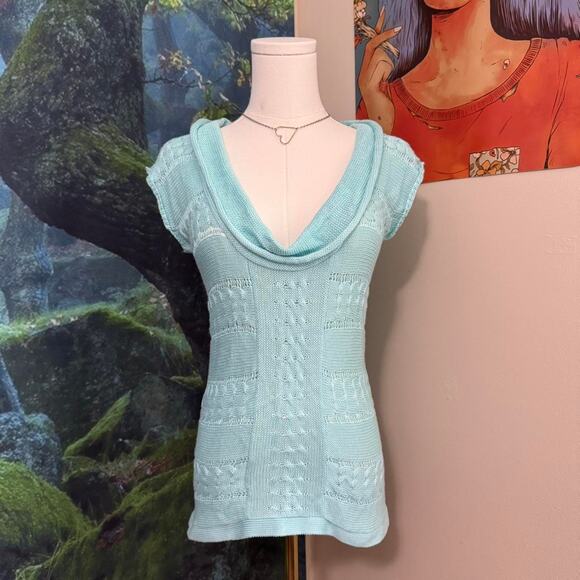 y2k aqua knit cowl neck cap sleeve top stretchy coquette style - Picture 2 of 6